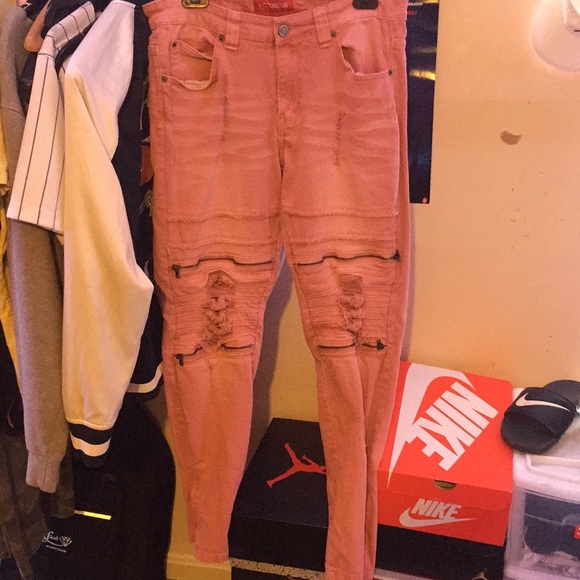 pink biker jeans